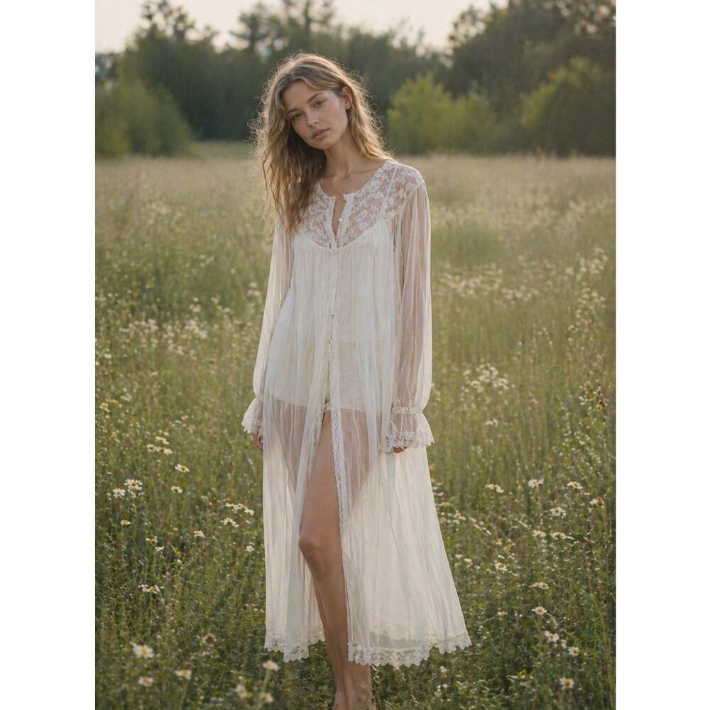 Sheer Lace High-Neck Button-Up Maxi Dress
